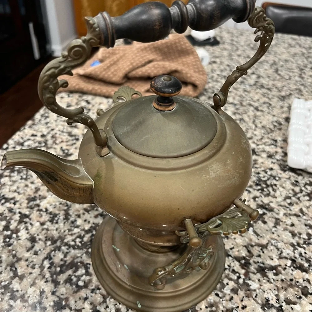 Antique Copper/Brass Tea Pot Lidded Kettle w/ Ornate Stand & Burner - Picture 5 of 8